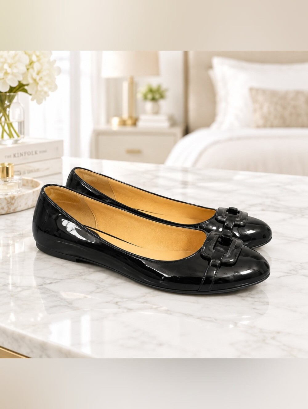Cole Haan Black Patent Ballet Flats With Buckle Detail